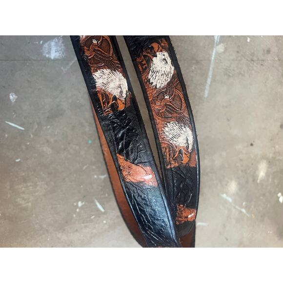 Leather Belt, Vintage belt, Eagles, Painted Embossed, Hand Tooled 70s 80s